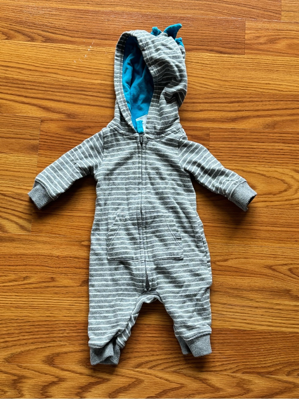 Carter's Gray & White Striped Hooded One-Piece with Blue Lining